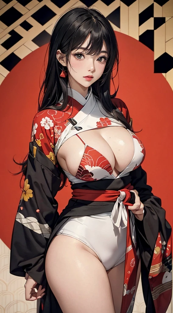 ((8k wallpaper of extremely detailed CG unit, ​masterpiece, hight resolution, top-quality, top-qualityのリアルテクスチャスキン)), (very beautiful and attractive woman, The upper part of the body, Posing like a model:1.5, Wear a Japanese-patterned haori over a turtleneck:1.2, Japanese pattern micro mini shorts:1.2), (A dark-haired, hair messy, Plump lips, de pele branca, small tit), (((Colorful background with geometric patterns, Japanese pattern background, warm color))), (Landscape composition, hyper realisitic, digitial painting),