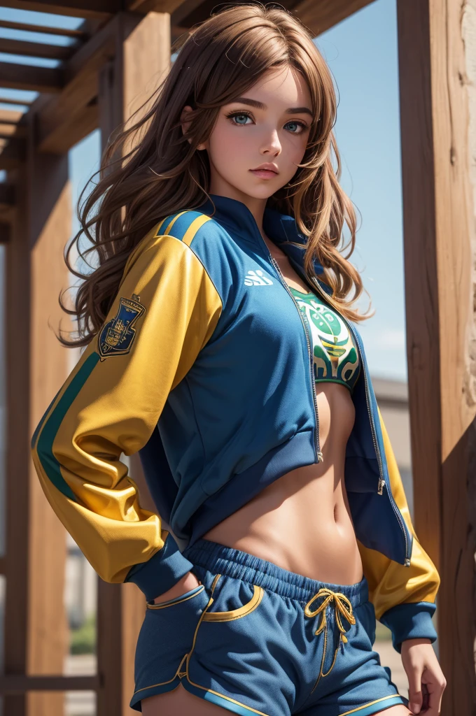 1girl, Celtic goddess Epona as a college student, Chestnut Brown hair, Hazel eyes, wearing blue track top with gold sleeves and blue thigh length track shorts with gold stripes, Campus track, absurdres, high res, ultrasharp, 8K, masterpiece
