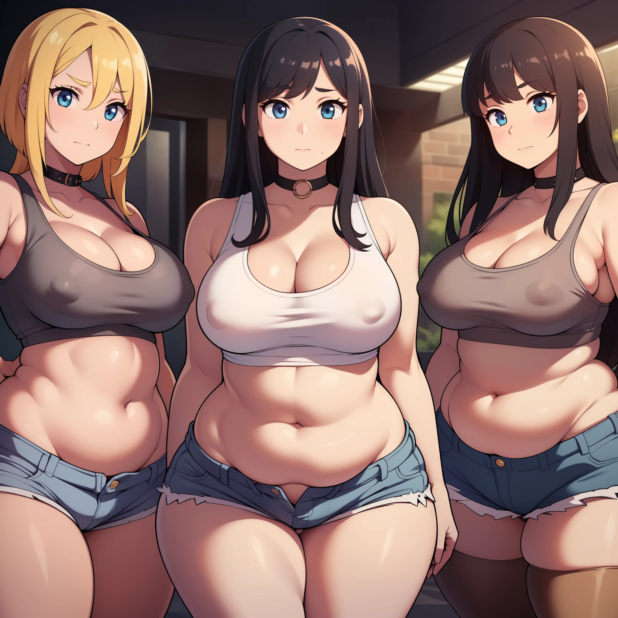 ((Masterpiece)), perfect anatomy, perfect shading, field of depth, (best quality), extremely delicate and beautiful, perfect lighting, detailed face, ultra cute face, cute, (cowboy shot 1.2), full body, (((2girls))), ((2 girls 1 and 2))

Girl 1: has long hair, fluffy hair, blonde hair, blue eyelush)), (embarrassed), extremely tight clothes, medium breasts, cleavage, perky breasts, ((wide hips)), (thick thighs), ((chubby)), pudgy belly, fat rolls, belly hang,

Girl 2: has short hair, fluffy hair, brown hair, green eyelush)), worried, chocker, extremely tight clothes, medium breasts, cleavage, perky breasts, (((wide hips))), ((thick thighig butt)), ((plump)), chubby belly, fat rolls, belly hang, she has a jiggly belly,

Fast food restaurant, intricate background, detailed background, girls are standing next to each other, (white tank top 1.2), (shorts 1.2), hands on hips, harem,