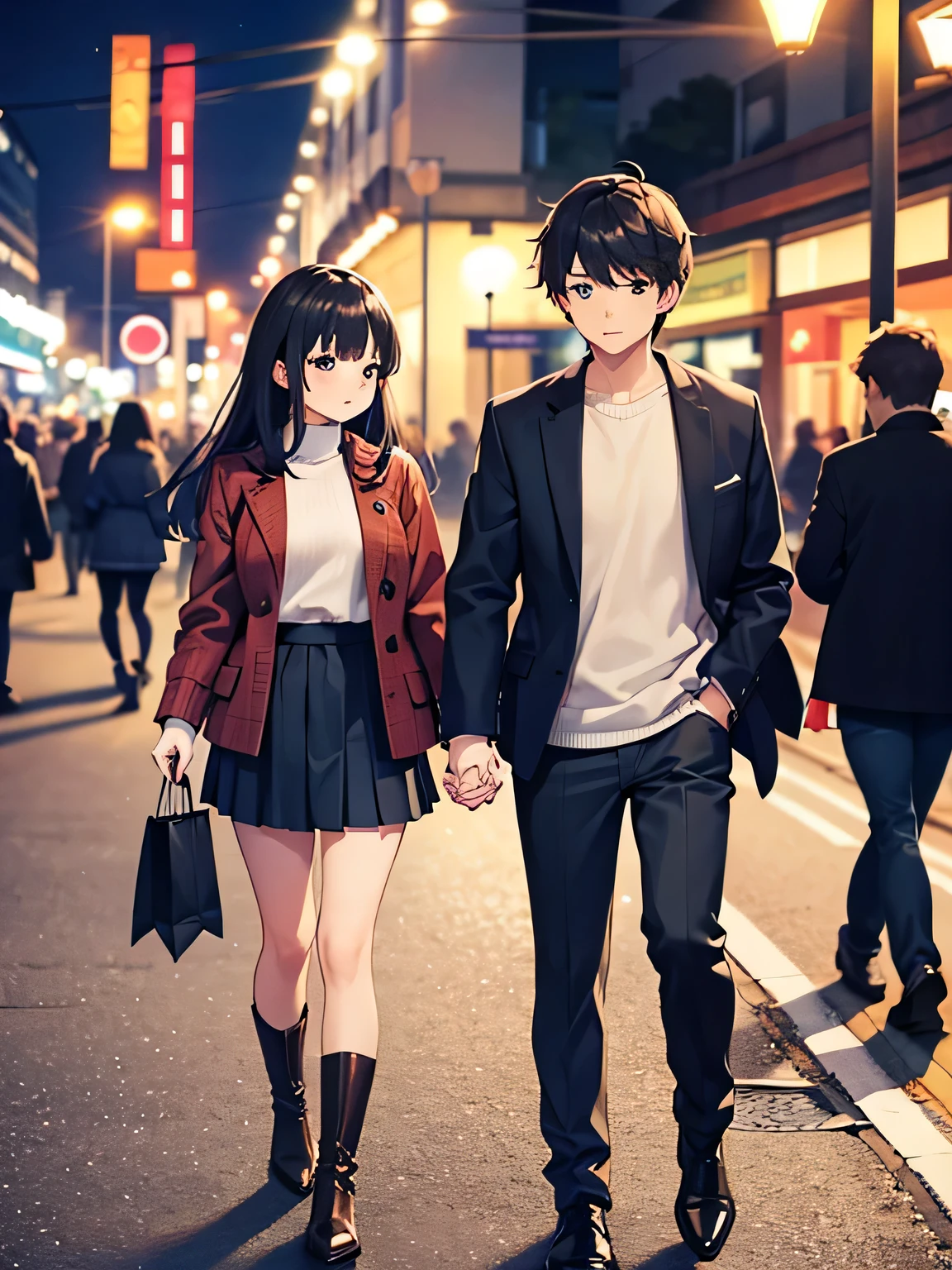 1,there is a couple, men and women, Holding hands.
2,Male is 24 years old, Wearing normal clothes and carrying shopping bags.
3,The woman is 18 years old, sexy knit and mini pleated skirt、I am wearing long boots on my feet..
4,The season is autumn、The place is in the city at night.