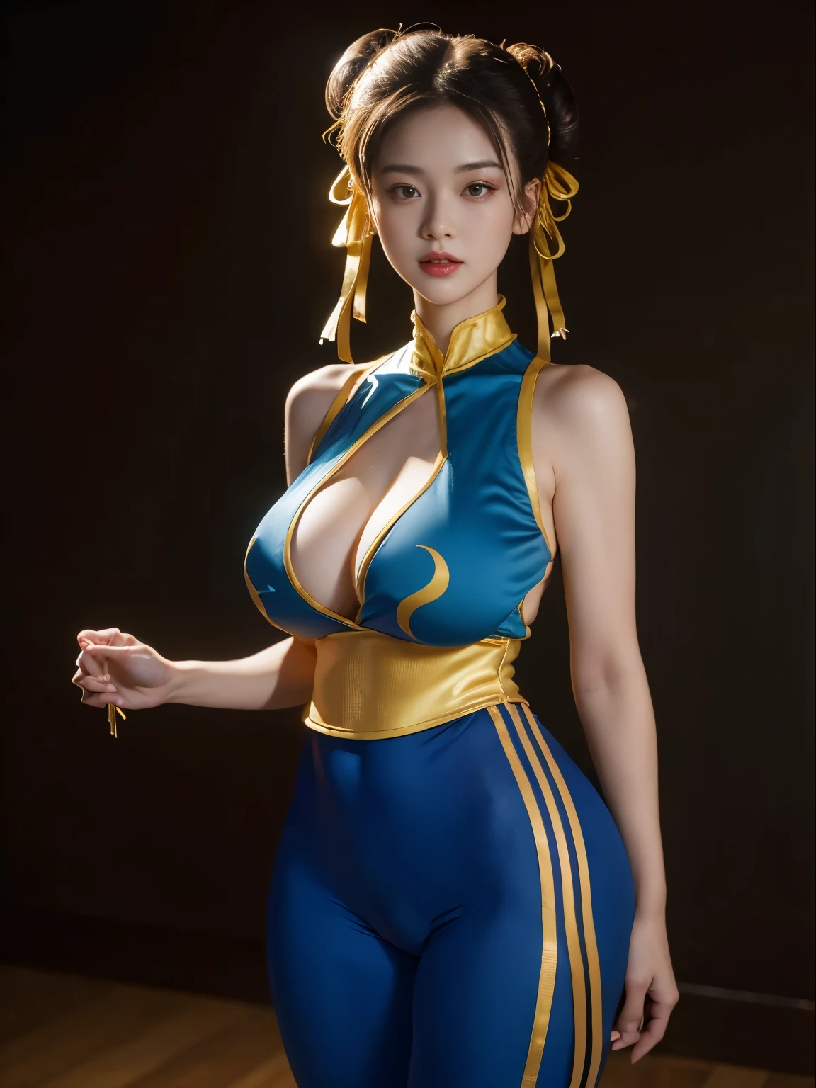 (masterpiece, best quality:1.4), (standing:1.5), 1girl, solo, sfa chun, blue vest, unitard, blue pants, skintight, yellow ribbon, short hair, sneakers, bare shoulders, (european youth woman:1), looking at viewer, beautifull smile, beautiful face, highly detailed face, highly detailed eyes, subsurface scattering, realistic pupils, full face blush, full lips, detailed background, depth of field, volumetric lighting, sharp focus, absurdres, realistic proportions, (realistic, hyperrealistic:1.4), 16k hdr