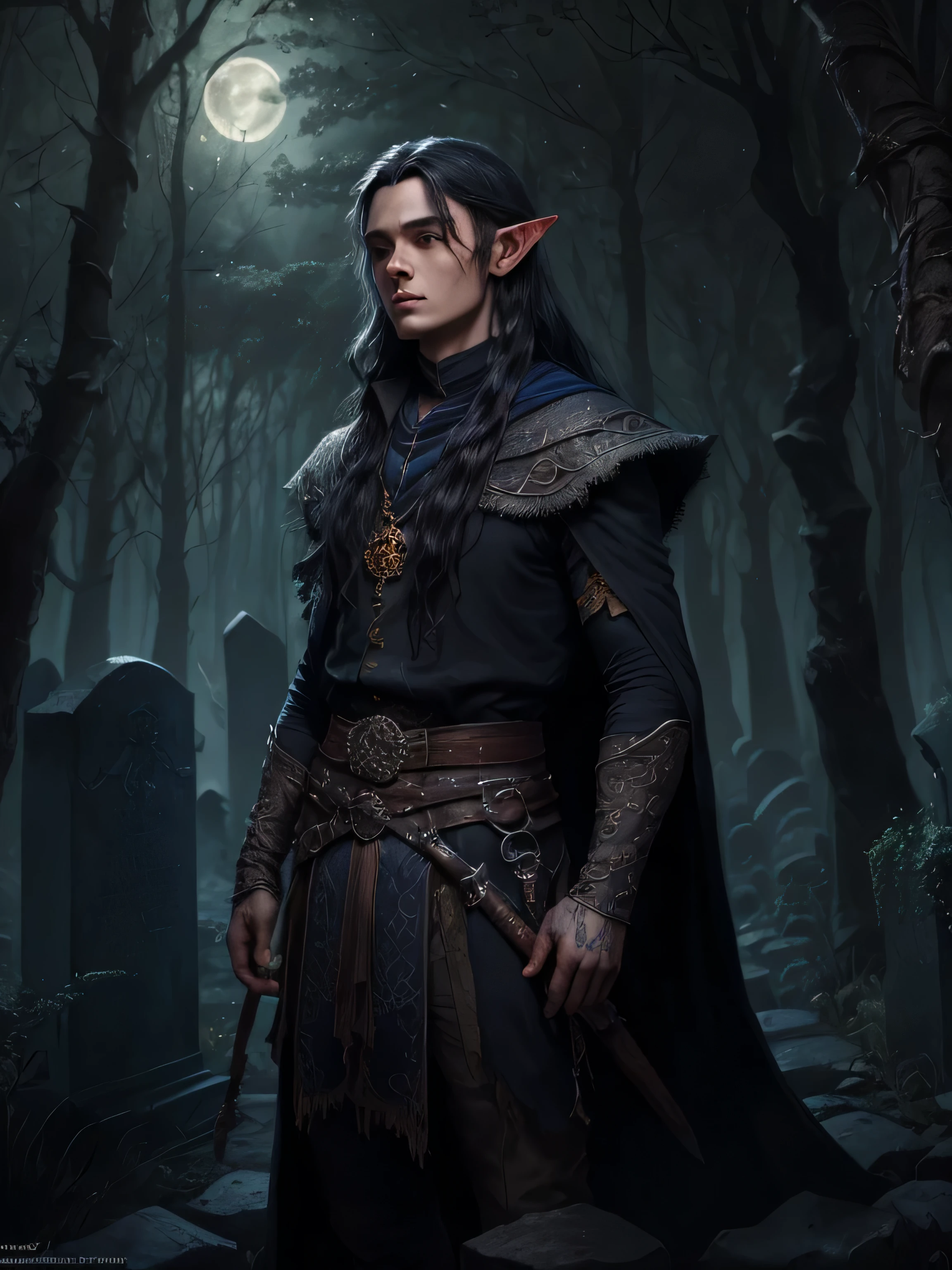 (((Masterpiece, Best Quality, Ultra-detailed))), young male elf, warlock, Dark Fantasy, Artsstasion, Long black hair, blue eyes, Dark clothing, A Necromancer, dark magic, Night background, forest of old tombstones, Phantom Lights, blood on his hands, moon light, Vijorni Style, Artstation, oil breading