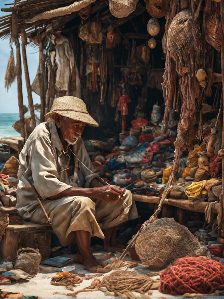 A cinematic surrealism picture of the bitter smile of an elderly Indonesian fisherman with detailed wrinkles on his face embroidering a sea fishing net patch at his hut near the shore, insanely detailed and intricate background tranquil beach scene with some other characters and objects, a masterpiece cinematic photo realistic illustration of color comic maestro Don Lawrence, super detailed, high resolution, full vibrant color, volumetric lighting, octane render, octane lighting