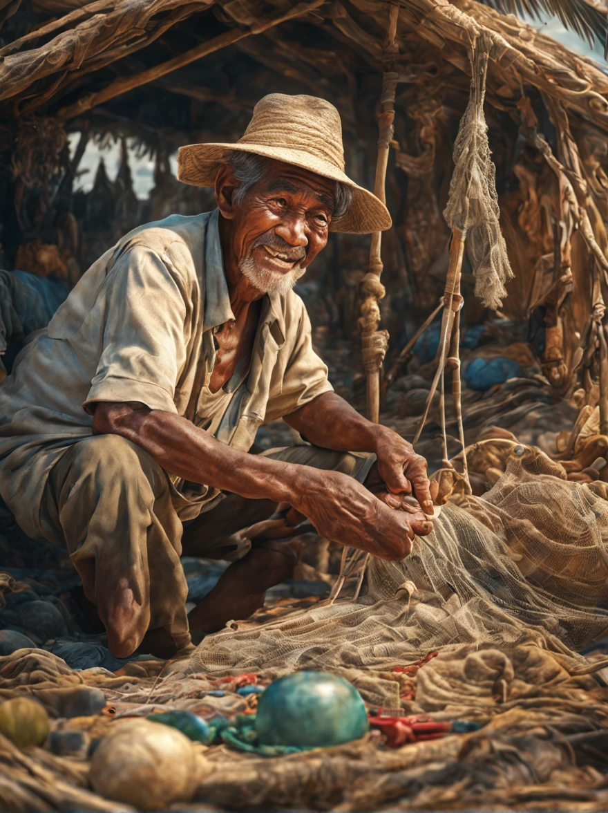 A cinematic surrealism picture of the bitter smile of an elderly Indonesian fisherman with detailed wrinkles on his face embroidering a sea fishing net patch at his  hut near the shore, insanely detailed and intricate background tranquil beach scene with some other characters and objects, a masterpiece cinematic photo realistic illustration of color comic maestro Don Lawrence, super detailed, high resolution, full vibrant color, volumetric lighting, octane render, octane lighting