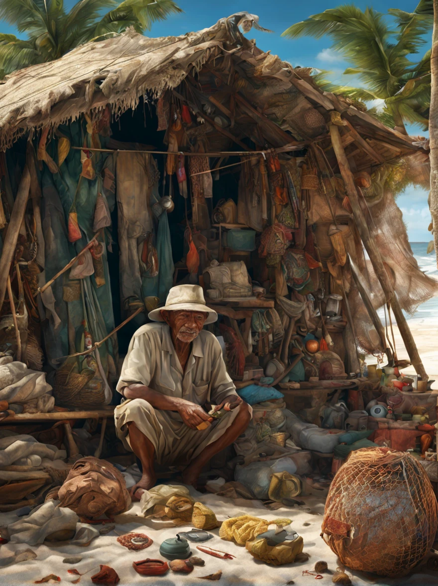 A cinematic surrealism picture of the bitter smile of an elderly Indonesian fisherman with detailed wrinkles on his face embroidering a sea fishing net patch at his hut near the shore, insanely detailed and intricate background tranquil beach scene with some other characters and objects, a masterpiece cinematic photo realistic illustration of color comic maestro Don Lawrence, super detailed, high resolution, full vibrant color, volumetric lighting, octane render, octane lighting