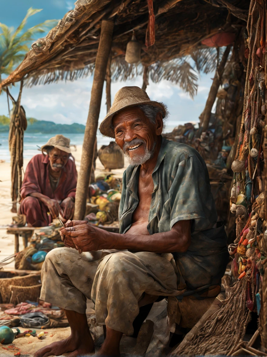A cinematic surrealism picture of the bitter smile of an elderly Indonesian fisherman with detailed wrinkles on his face embroidering a sea fishing net patch at his hut near the shore, insanely detailed and intricate background tranquil beach scene with some other characters and objects, a masterpiece cinematic photo realistic illustration of color comic maestro Don Lawrence, super detailed, high resolution, full vibrant color, volumetric lighting, octane render, octane lighting