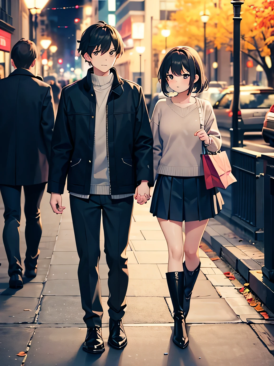 1,there is a couple, men and women, Holding hands.
2,Male is 24 years old, Wearing normal clothes and carrying shopping bags.
3,The woman is 18 years old, sexy knit and mini pleated skirt、I am wearing long boots on my feet..
4,The season is autumn、The place is in the city at night.