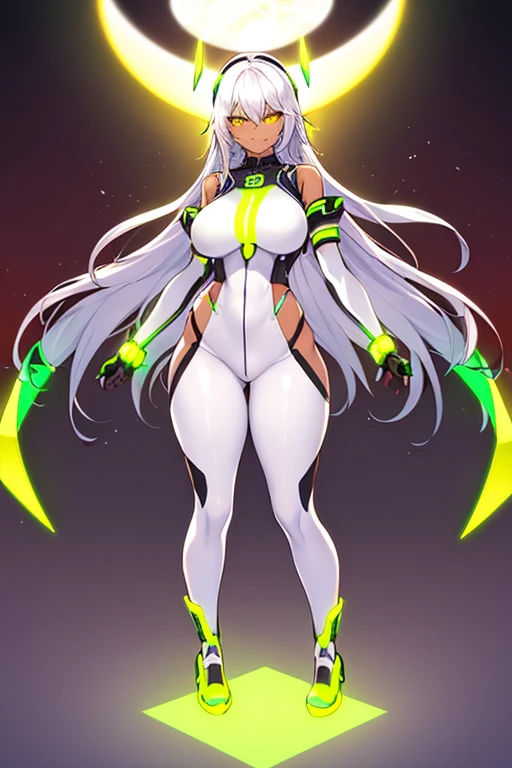 1girl, dark-skinned female, breasts, large breasts, wide hips, white hair, long hair, yellow eyes, smile, smirk, smug, sleeves, short sleeves, bodysuit, pantyhose, futuristic, science-fiction, neon trim, neon, full body, ((full body)), standing