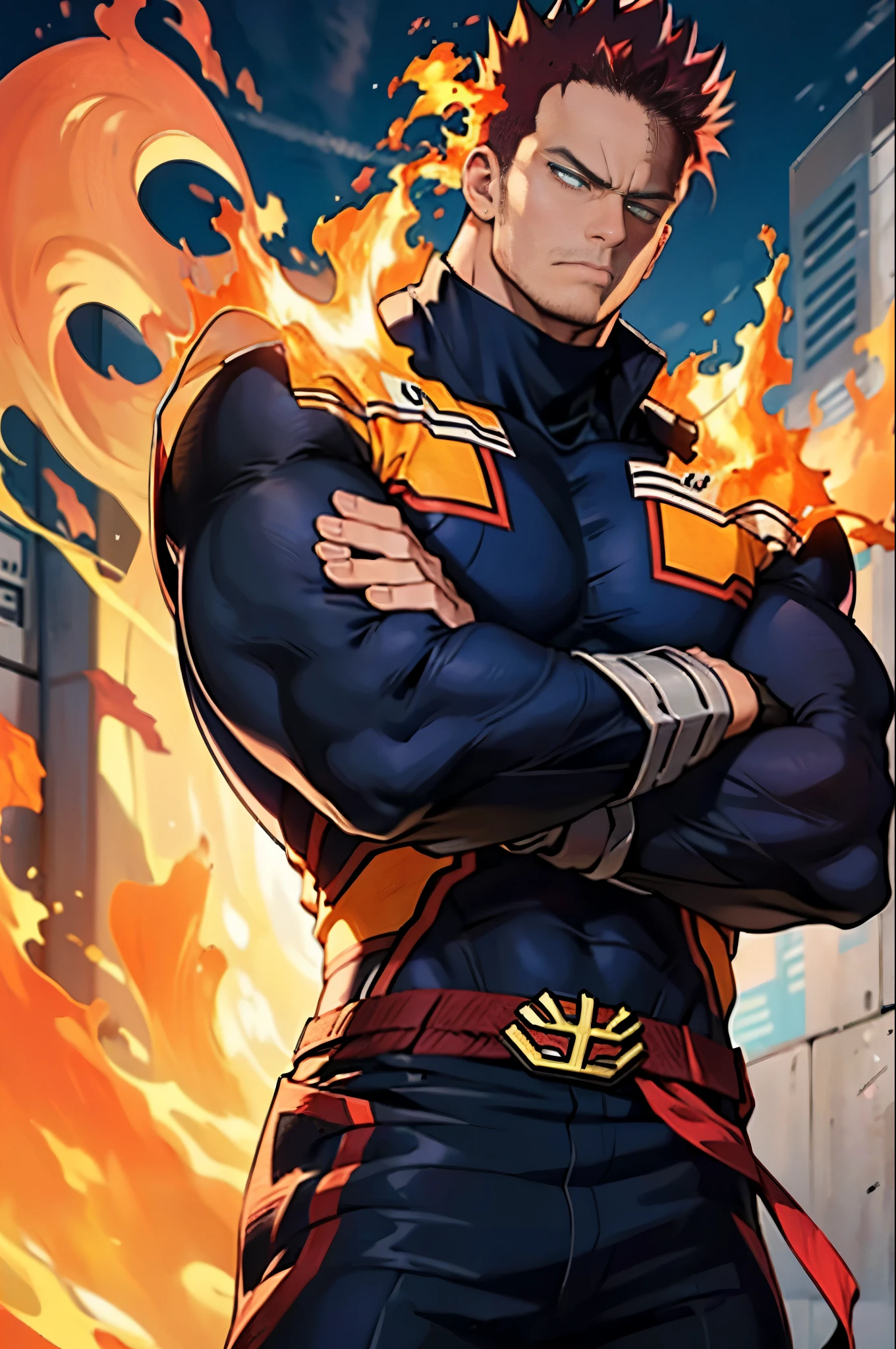 (masterpiece, best quality:1.2) solo, male focus, 1boy, endeavor, muscular male, large pectorals, expressionless, closed mouth, looking at viewer, crossed arms, superhero, blue bodysuit, fingerless gloves, fire