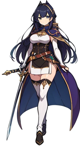 (((Best Quality))) , ((full body)), female, reference sheet, solo, (white background), holding staff or sword, gauntlets, thigh high, loin cloth only, cloak, belt, long hair,  blue, orange, green, violet, brown, white,