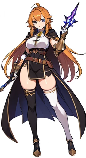 (((Best Quality))) , ((full body)), female, reference sheet, solo, (white background), holding staff or sword, gauntlets, thigh high, loin cloth only, cloak, belt, long hair,  blue, orange, green, violet, brown, white,