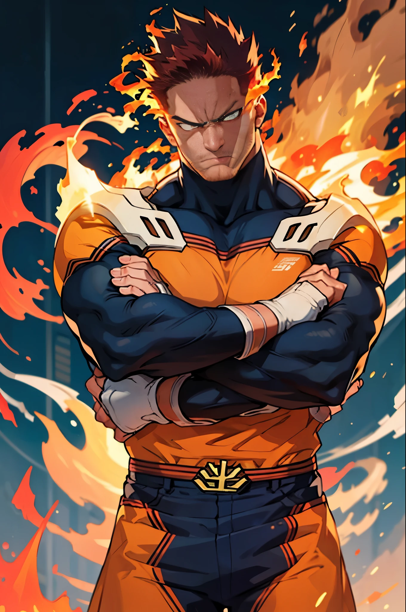 (masterpiece, best quality:1.2) solo, male focus, 1boy, endeavor, muscular male, large pectorals, expressionless, closed mouth, looking at viewer, crossed arms, superhero, blue bodysuit, fingerless gloves, fire