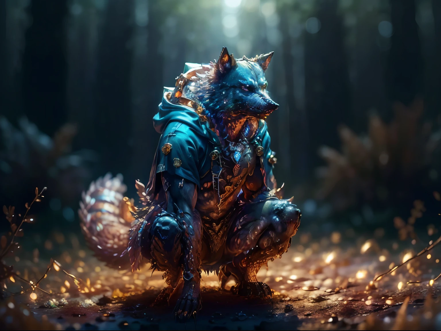 A werewolf with furry face and more human face, full body image ((best quality)), ((highly detailed)), Masterpiece, (((official-art)), cape, hood, (werewolf 1:33, solo), medieval wizard's clothing, forest with trees, no leaves, night image, dark, UHD, 8K