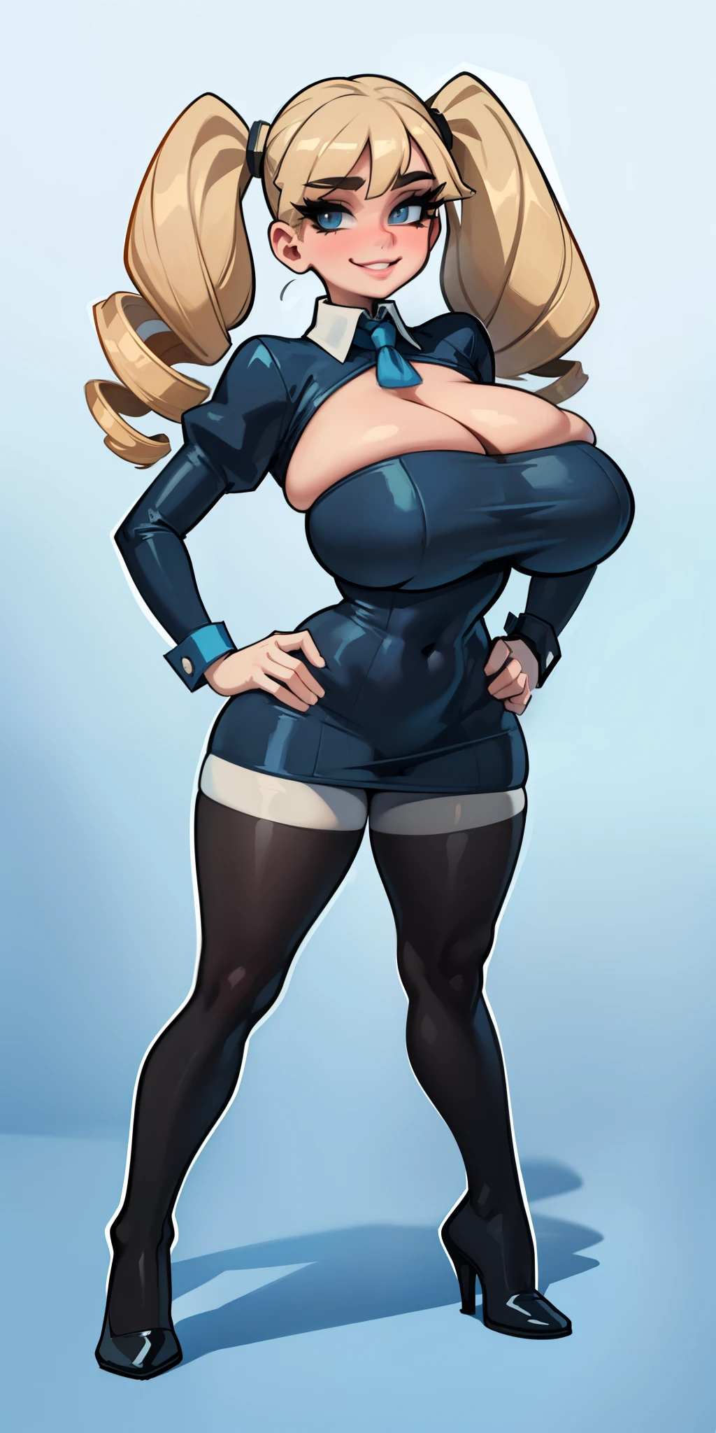 full body standing straight symmetrical, huge boob(masterpiece, best quality:1.2), cowboy shot, solo, 1MILF, mmplatz, smile, looking at viewer, hands on hips, twintails, twin drills, dress, blue pantyhose, striped pantyhose, Handcuffs on their hands, With a collar around the neck