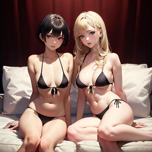 masterpiece, best quality, ultra detailed, beautiful face, beautiful skin, professional lighting, 2girls, (on the left, ((flat chest girl with short black hair, she wears black bikini))), (a little further away on the right, ((large breasts girl with long blonde hair, she wears white bikini))), full body, on sofa