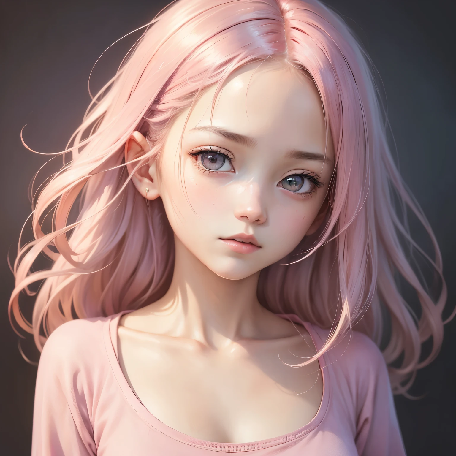 (masutepiece),(Best Quality:1.1),(Ultra-detailed),Best Illustration,finely detail,(Portrait:1.1),(intense close-ups),watercolor paiting)floating,1girl in,Solo,,slim,(extremely delicate and beautiful face),(Detailed beautiful eyes),pink thick lips,(disheveled hair),(Wearing a pink baggy T-shirt),Soft and lazy,(Simple background:1.2)Whole color background,Clear,4K