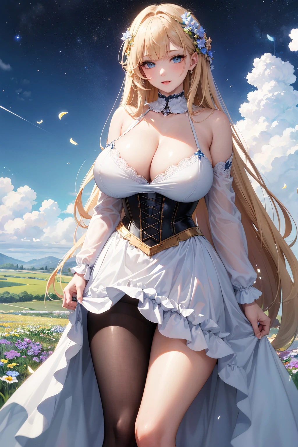 (absurd res, A high resolution, ultra - detailed, hyper HD, Cinematic), Alone, 1个Giant Breast Girl, mature, Happy,hime cut,long hair,blue eyes, (huge breasts:1.6),cleavage, collarbone, bare shoulders,armbands,(corset dress), girl standing in light blues flower field, light blues flower petal surrounding girl, full bodyesbian, gold long-haired girl, light gold hair, fanciful, dream-like, Snowy Land, offcial art, trending art, contours, ultra - detailed face, ultra - detailed eyes, light blues flower field, ultra - detailed field, The white blue sky, Cold, light blues, The white,  Nebula in the sky, blue tree, aquarelle, pastel colour