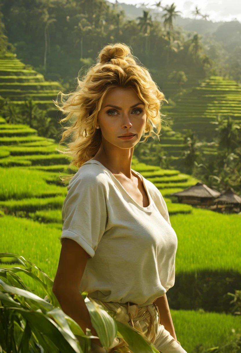 A Beautiful European woman [Sophia Loren:Maude Adams:0.35], (Golden Haired:1.25). Short ponytailed, gentle smile. Wears  white T-Shirt with text "I ❤ Bali", trousers, Adidas Sneakers. (At an exotic Bali terraced rice field:1.2). Having a lunch meal in a bamboo hut, Volcano and woods at background, insanely detailed and intricate background nature scene with some other characters and objects, a masterpiece cinematic photo realistic illustration of Color Comic Maestro Don Lawrence, super detailed, high resolution, full vibrant color, volumetric lighting, octane render