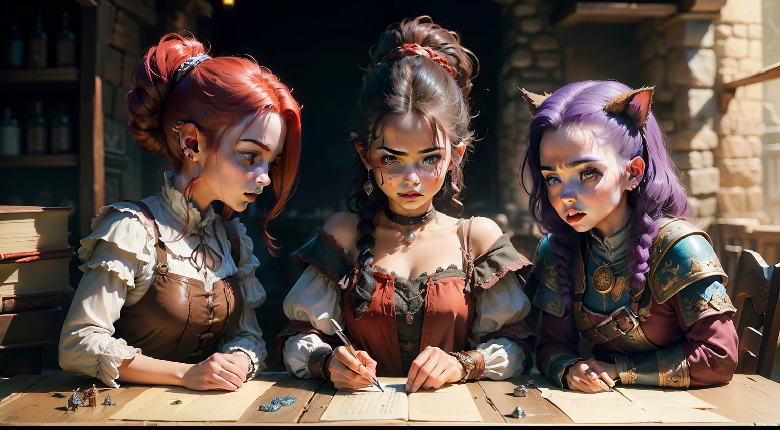 (((Un grupo de amigos jugando D&D))). ((RPG de mesa). (((cara perfecta))). (Estilo de libro D&D). (D's epic characters&D). (D&D). (Epic Tavern Background). personaje antropomorfico, guerrera de pelo rojo, elfo, hombre de pelo blanco, mujer con orejas de gato de pelo morado, caras hermosas, caras con detalle, foto realismo, dados rodando por la mesa, figuras de D&D en la mesa.