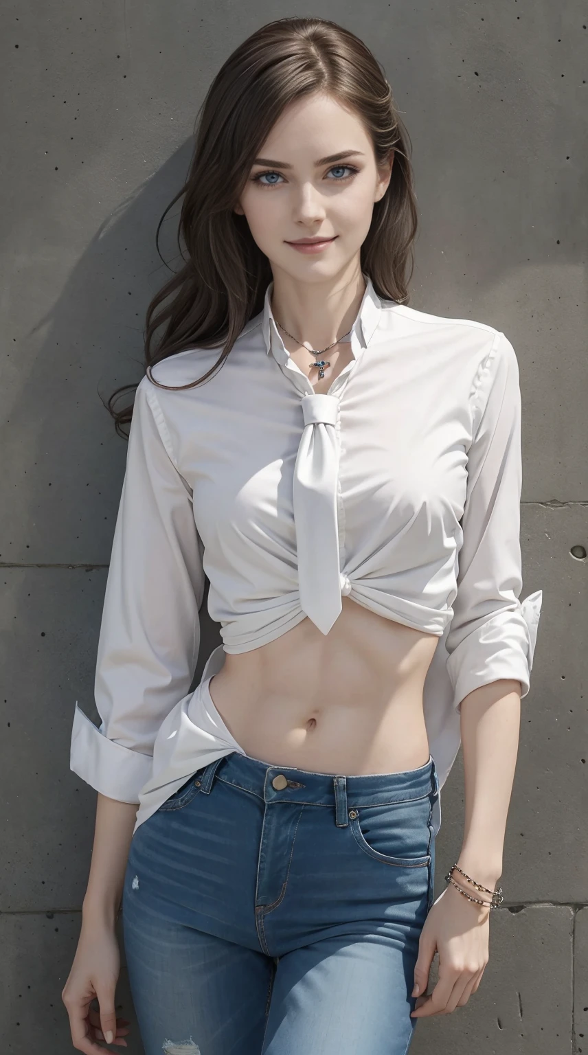 26 year old white woman、Hair is brunette、Eye color is blue、Longhaire、Slender but well-proportioned muscular body、Wearing tie front shirt tops、My abs are cracked、The belly button is out、wearing skinny jeans、wearing a rosary necklace、accessories on the wrist、setting hair、a smile、I have a clutch bag、I am in front of a wall with wall art written on it.、I'm so excited、I'm pulling my hair up