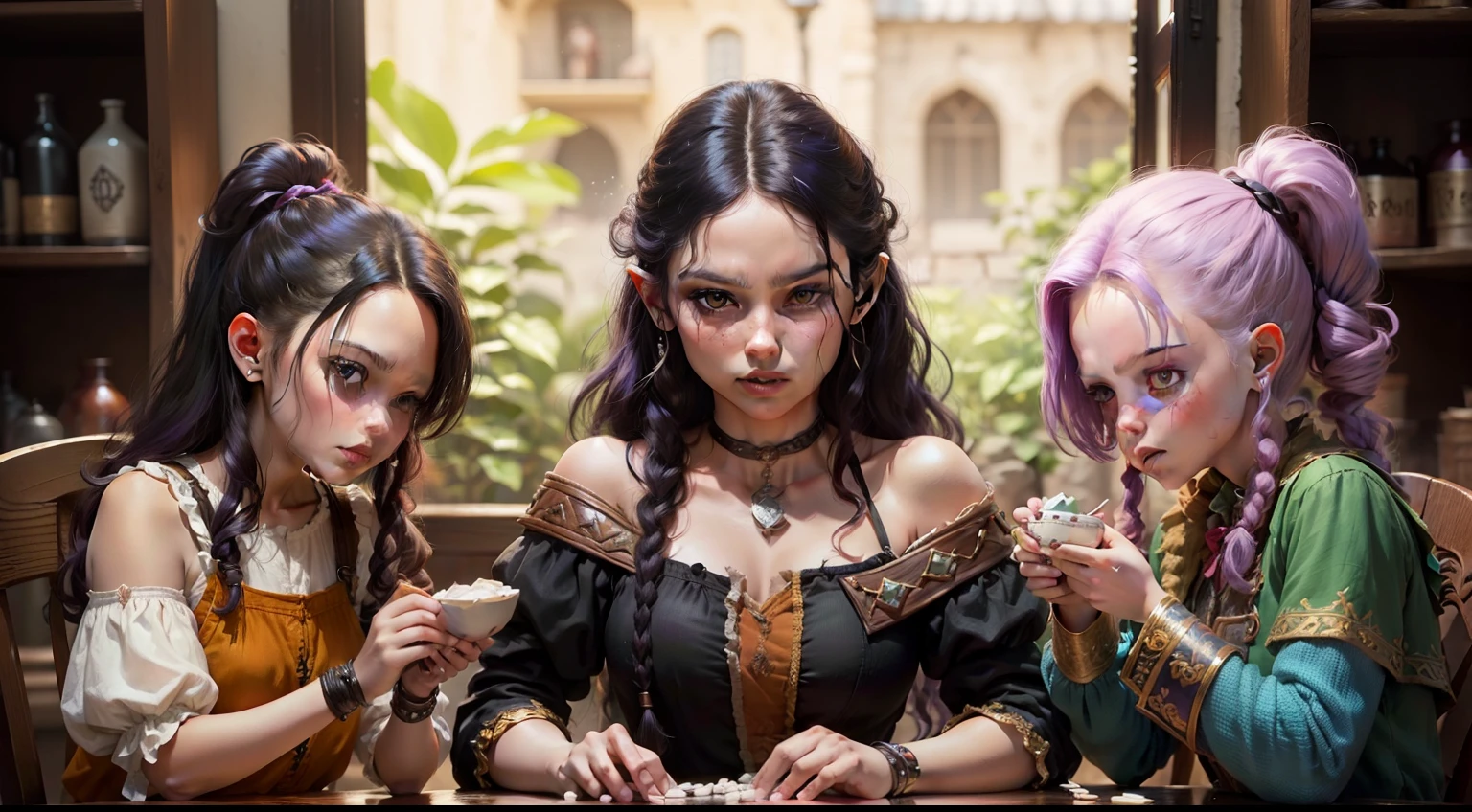 (((Un grupo de amigos jugando D&D))). ((RPG de mesa). (((cara perfecta))). (Estilo de libro D&D). (D's epic characters&D). (D&D). (Epic Tavern Background). personaje antropomorfico, guerrera de pelo rojo, elfo, hombre de pelo blanco, mujer con orejas de gato de pelo morado, caras hermosas, caras con detalle, foto realismo, dados rodando por la mesa, figuras de D&D en la mesa.