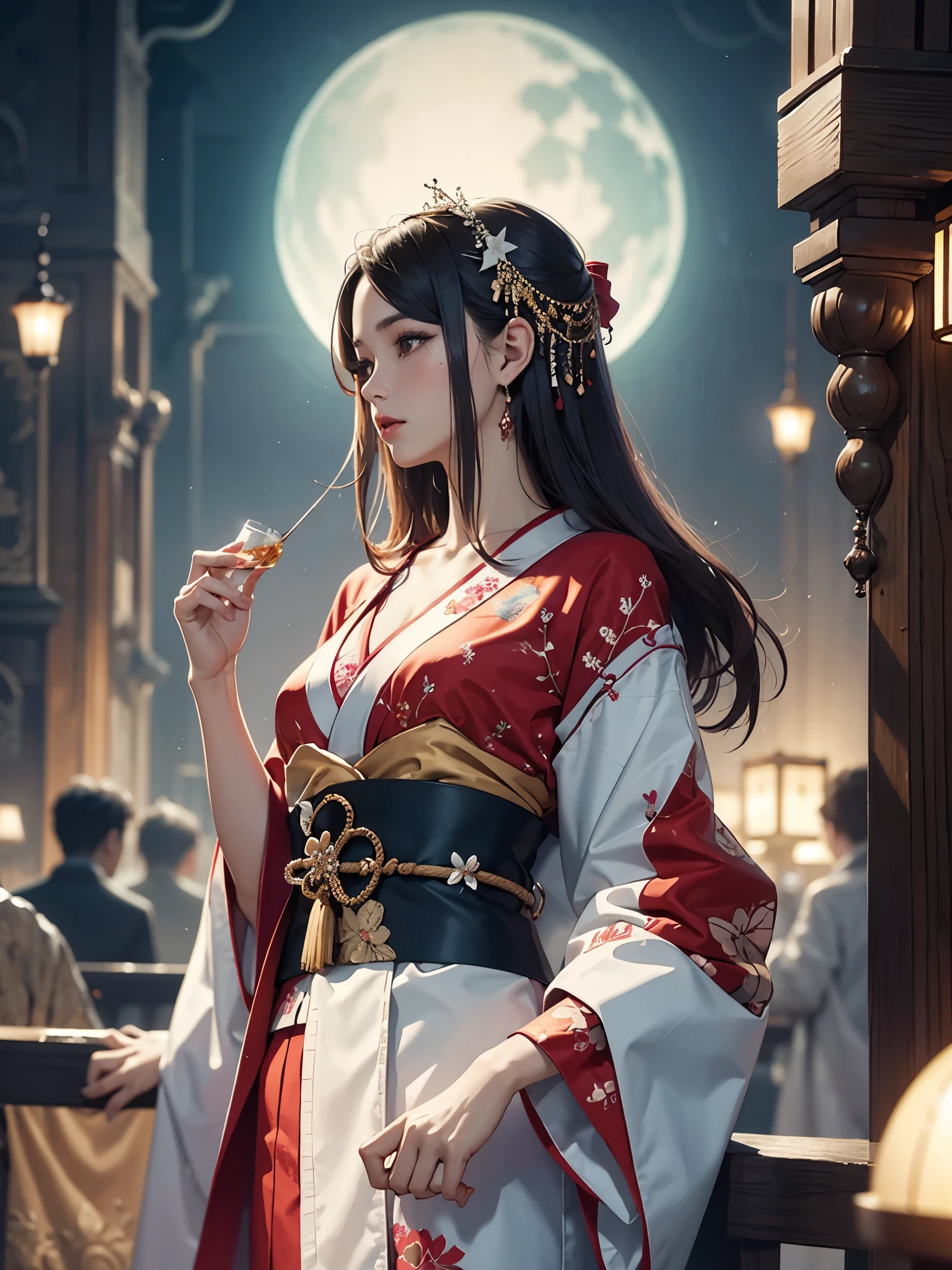 (masutepiece, of the highest quality, Best Quality, Official art, Beautiful and aesthetic:1.2), (1girl in),elaborate costume(Luxurious Japan kimono(Colorful kimono(detailed embroidery))), ighly detailed,(Fractal Art),Colorful,highest details,Western castle at night in the background,Christmas cake on the table