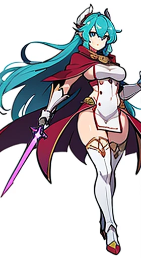 (((Best Quality))) , ((full body)), female, reference sheet, solo, (white background), holding staff or sword, gauntlets, thigh high, loin cloth only, cloak, long hair,  red, green, violet, pink, white, cyan,