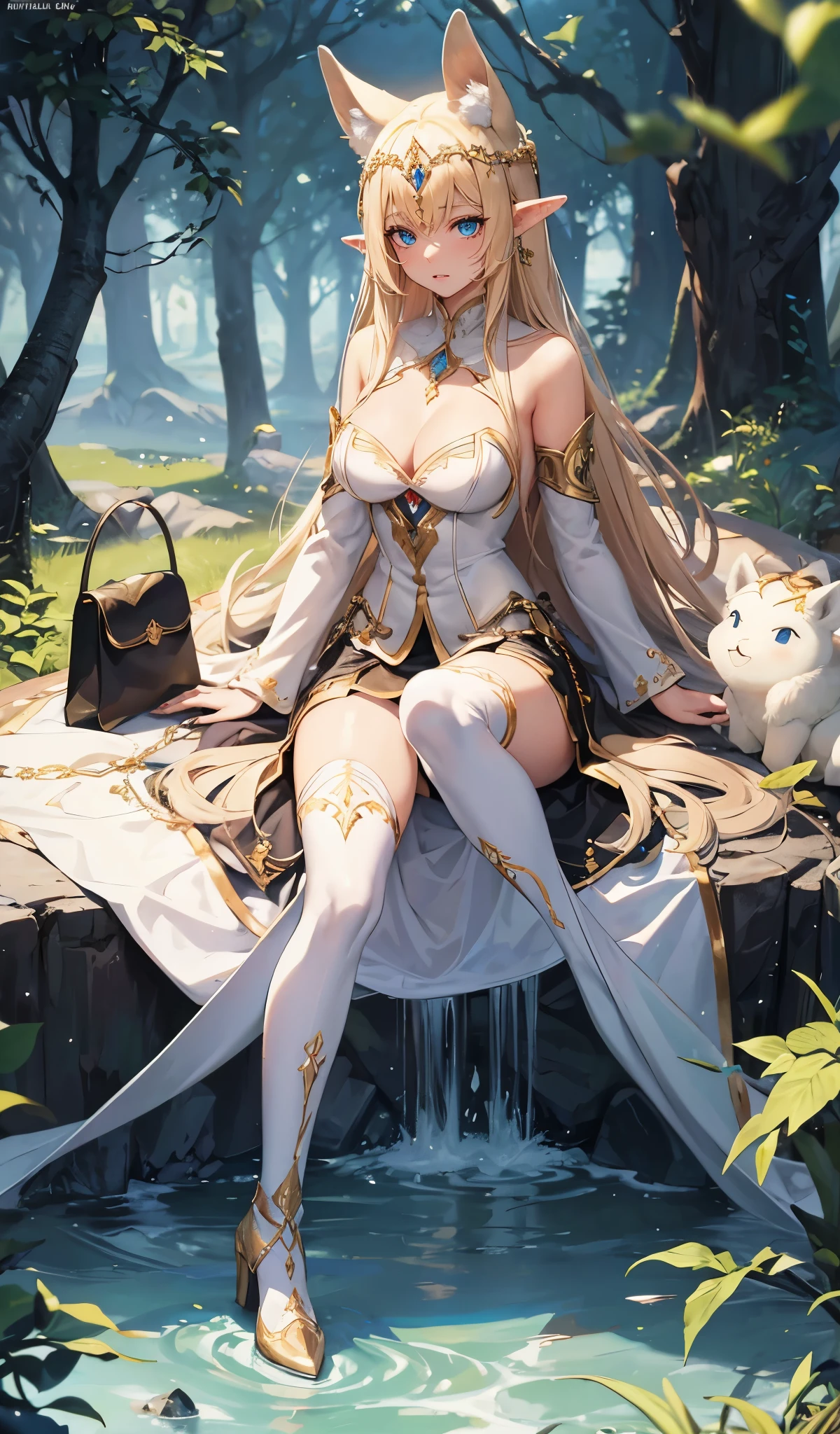 closeup cleavage, The world of elf forest, Elf noble sister, Blonde hair with long straight hair, Wearing an aristocratic hood, White-colored skin, Long elven ears, head chain, humanoid creature, camel top, Her skin is white and rosy, brown skin tone, 黑The eye,messy hair,White high heeled boots, leg loops, jeweled skirt, tattoo is,bag on back