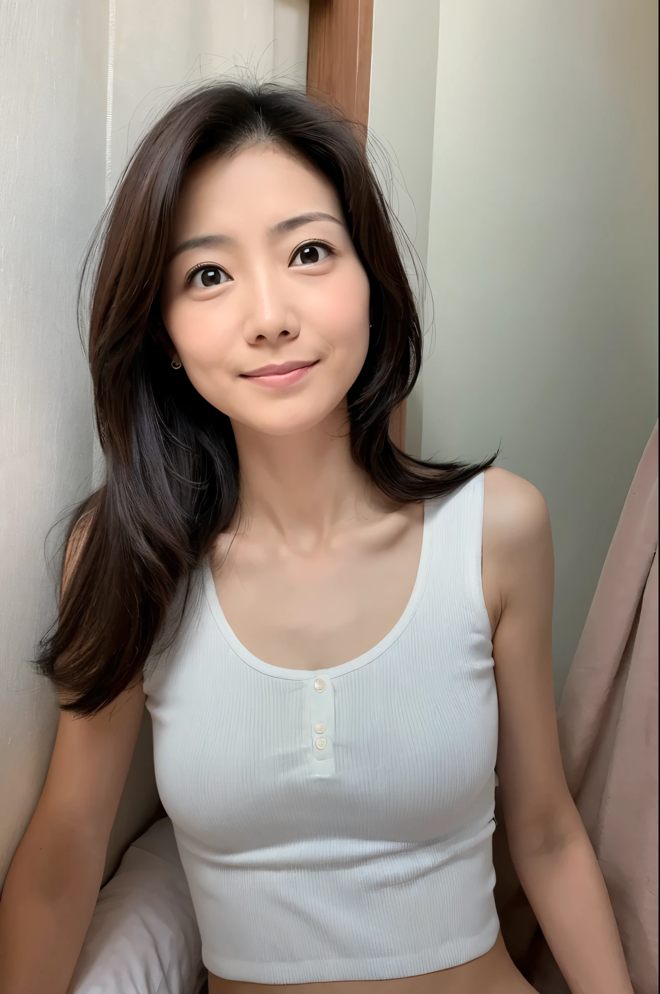 (High reality photograph, high resolusion, detailed face, detailed eyes) Skinny Japanese lady, 40 years old, wife, cute face, solo:1, lovely body, skinny figure, small breasts, various hair style, white shirt, emphasizing very thin waist, lying on the bed, full-body photo