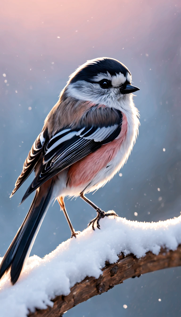 Long-tailed Tit,bird photo, not human,winter, snow, twinkle,realistic,(best quality),(masterpiece:1.3)