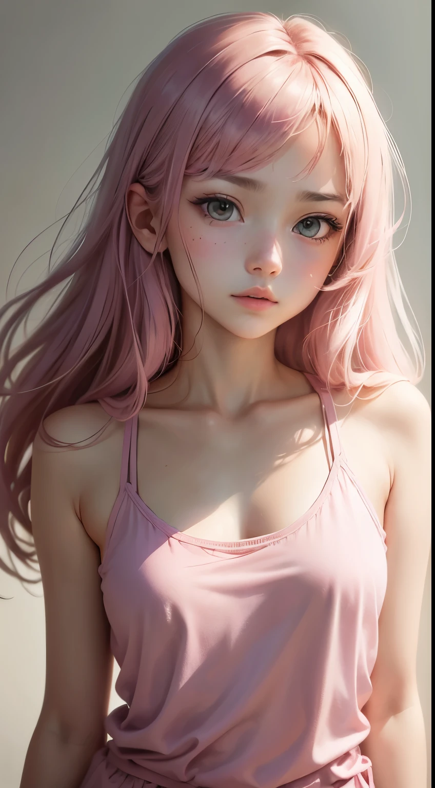 (masutepiece),(Best Quality:1.1),(Ultra-detailed),Best Illustration,finely detail,(Portrait:1.1),(intense close-ups),watercolor paiting)floating,1girl in,Solo,,slim,(extremely delicate and beautiful face),(Detailed beautiful eyes),pink thick lips,(disheveled hair),(Wearing a pink baggy T-shirt),Soft and lazy,(Simple background:1.2)Whole color background,Clear,4K,barechested