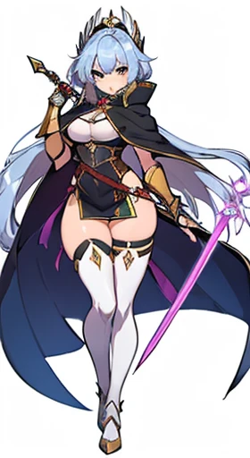 (((Best Quality))) , ((full body)), female, reference sheet, solo, (white background), holding staff or sword, gauntlets, thigh high, loin cloth only, cloak, long hair, blue, red, green, violet, pink, white, gladiator,