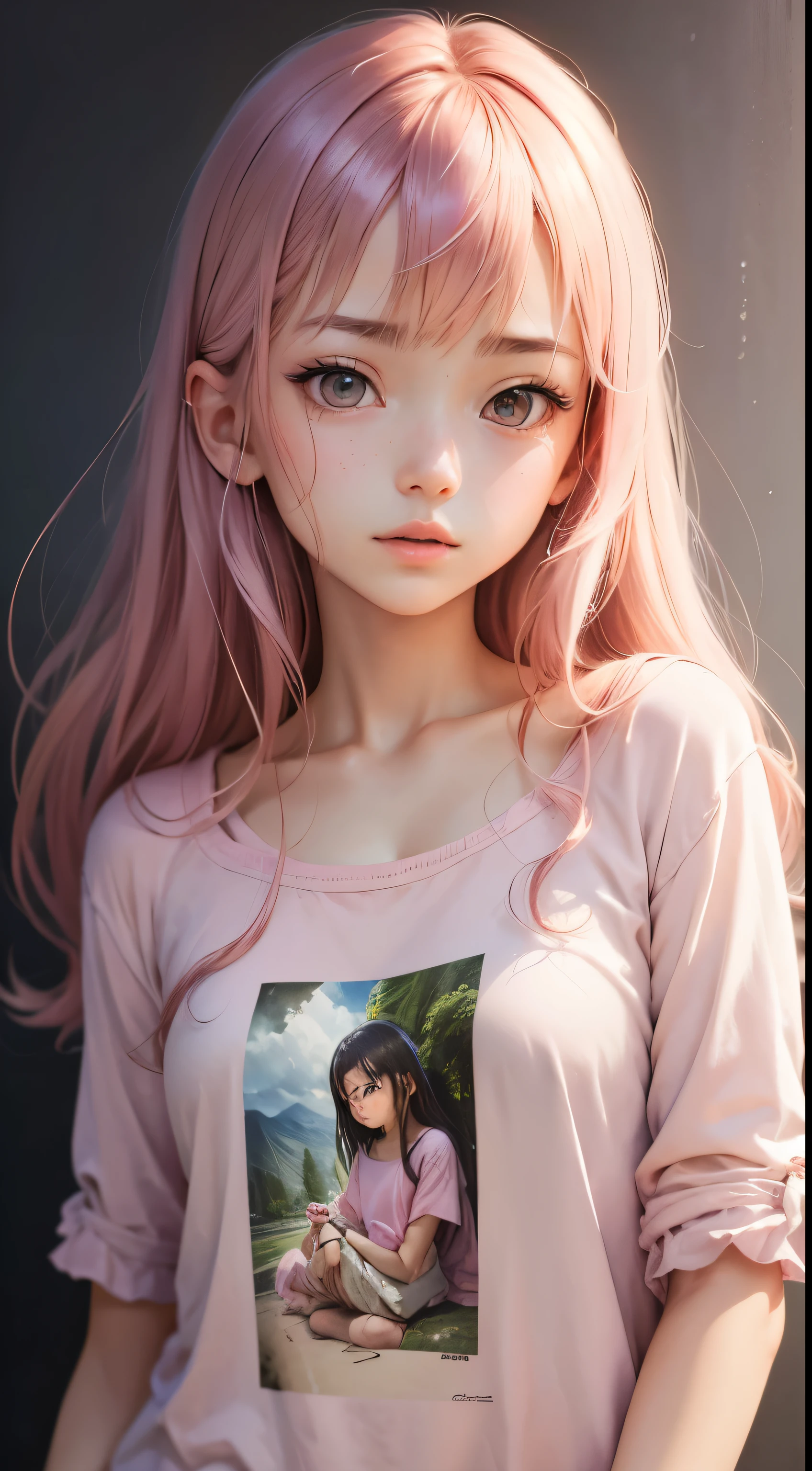 (masutepiece),(Best Quality:1.1),(Ultra-detailed),Best Illustration,finely detail,(Portrait:1.1),(intense close-ups),watercolor paiting)floating,1girl in,Solo,,slim,(extremely delicate and beautiful face),(Detailed beautiful eyes),pink thick lips,(disheveled hair),(Wearing a pink baggy T-shirt),Soft and lazy,(Simple background:1.2)All-color backgrounds,Clear,4K
