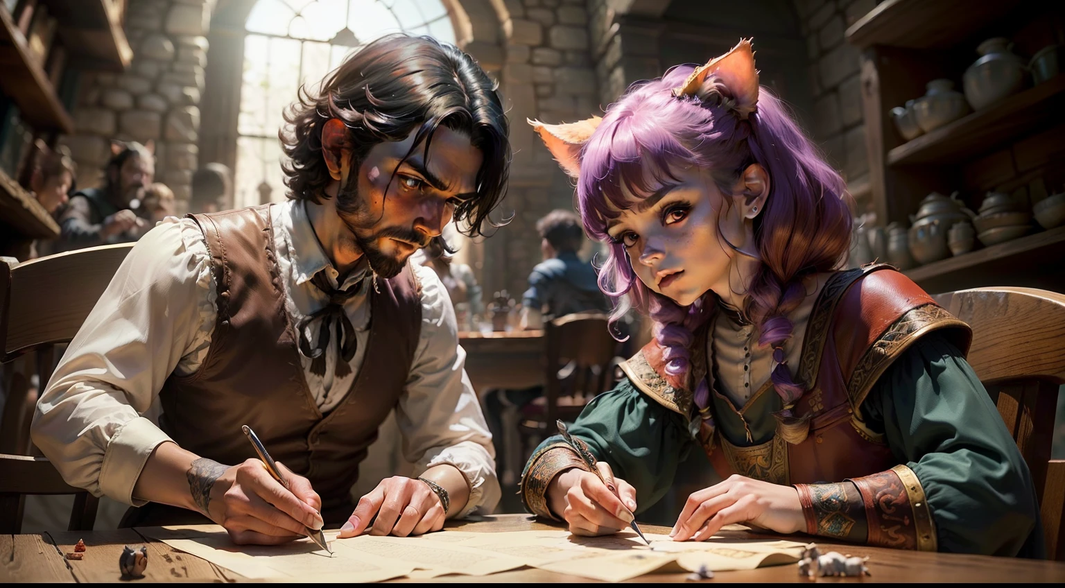 (((Un grupo de amigos jugando D&D))). ((RPG de mesa). (((cara perfecta))). (Estilo de libro D&D). (D's epic characters&D). (D&D). (Epic Tavern Background). hombre, personaje antropomorfico, guerrera de pelo rojo, elfo, hombre de pelo blanco, mujer con orejas de gato de pelo morado, caras hermosas, caras con detalle, foto realismo, dados rodando por la mesa, figuras de D&D en la mesa.