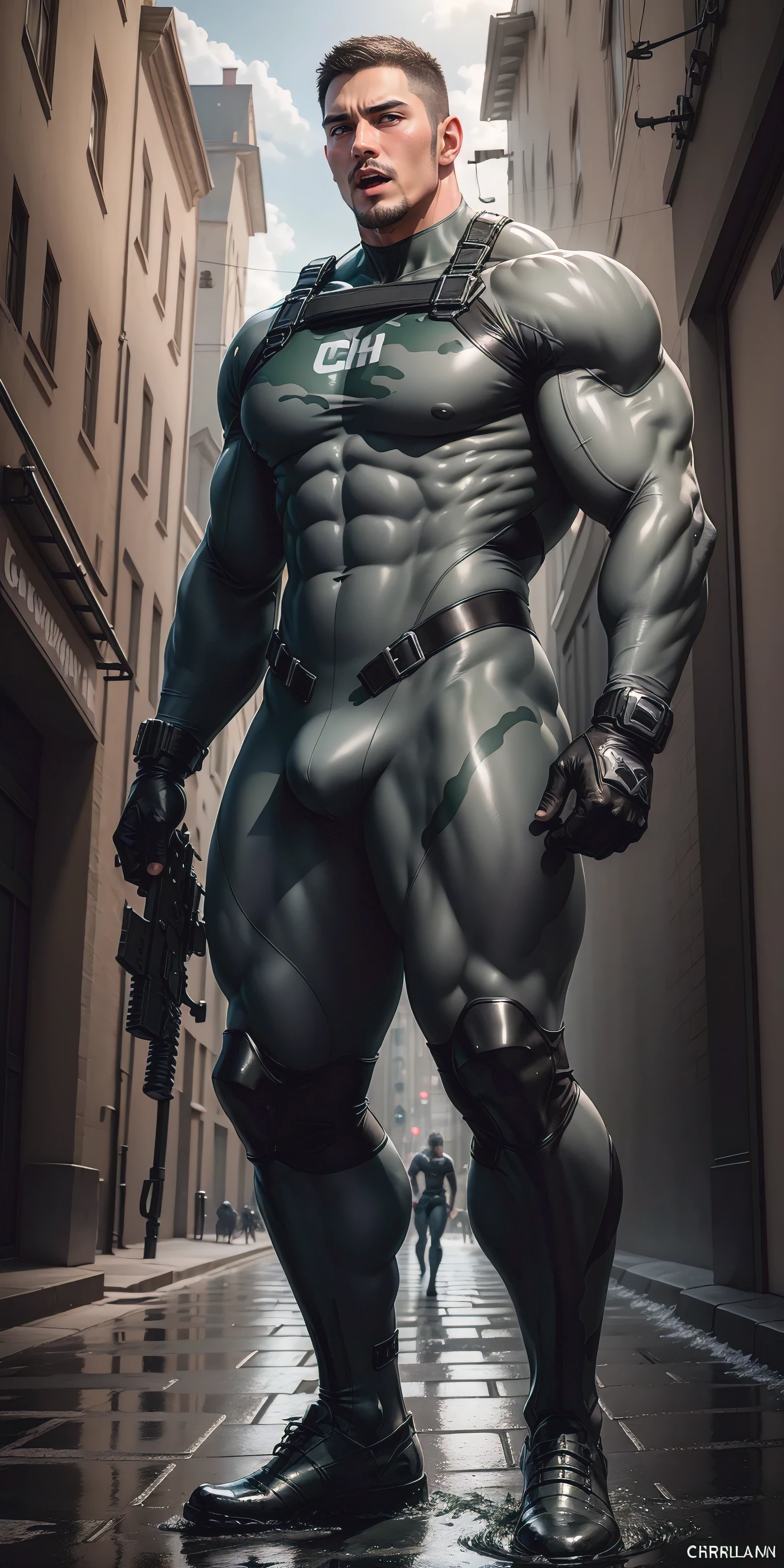 A tall, humongous large breast, Muscular man screaming with his mouth open.,Light gray camouflage uniform,character design(Resident Evil - Chris Redfield,Chris Redfield)Wearing a light gray camouflage wetsuit,Matte texture,Regular symmetrical texture pattern,Standing on Slime Street, A lot of silty silt,expression sad,Deep and charming eyes,The hero with emerald pupils,heroic masculine pose,Tall and burly,musculous!Charming leg muscles,tall, Burly, and strong, Wearing a light gray camouflage wetsuit, Super gain and cool, commission for high resolution, Big feet in black boots,Charming strong man,Bright sunlight shines on the body,Matte texture and shiny
