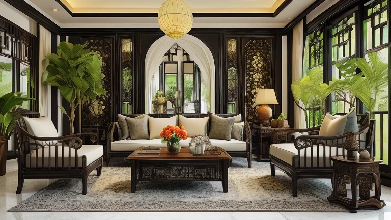 (( masterpiece)) (( ultral realistic)) (( sharp forcus)) (( high detail)) livingroom in indochina style,china , vietnam, black wooden furniture, wallpaper, patent,glossy, ceramic tiles floor,