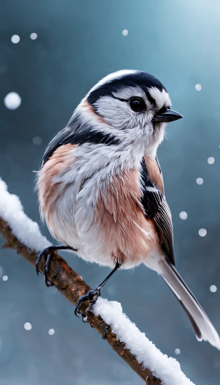 Long-tailed Tit,white color,bird photo, not human,winter, snow, glitter effect,realistic,(best quality),(masterpiece:1.3)