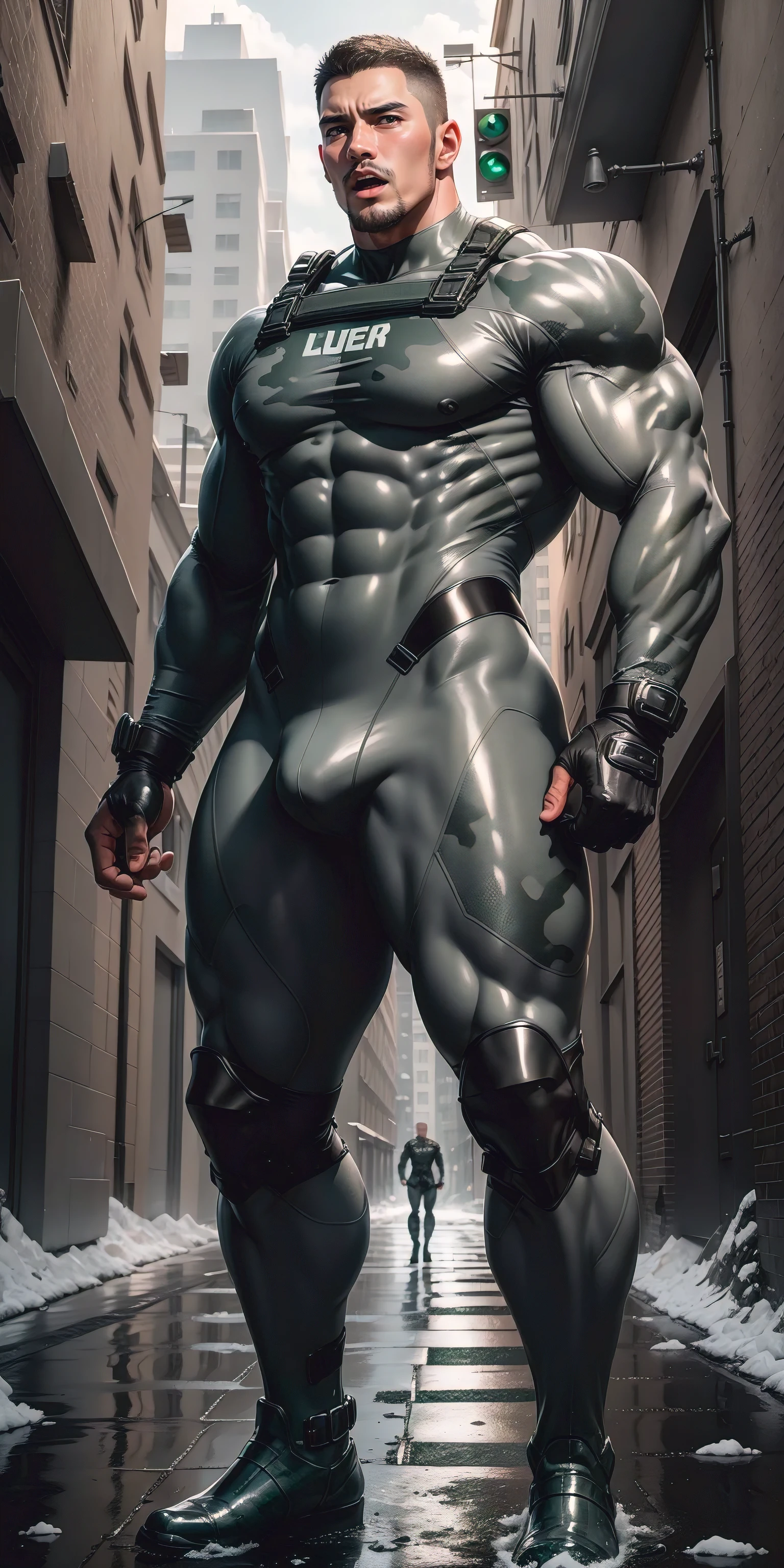 A tall, humongous large breast, Muscular man screaming with his mouth open.,Light gray camouflage uniform,character design(Resident Evil - Chris Redfield,Chris Redfield)Wearing a light gray camouflage wetsuit,Matte texture,Regular symmetrical texture pattern,Standing on Slime Street, A lot of silty silt,expression sad,Deep and charming eyes,The hero with emerald pupils,heroic masculine pose,Tall and burly,musculous!Charming leg muscles,tall, Burly, and strong, Wearing a light gray camouflage wetsuit, Super gain and cool, commission for high resolution, Big feet in black boots,Charming strong man,Bright sunlight shines on the body,Matte particles with shiny texture