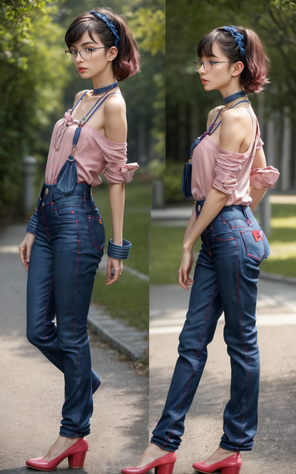 (8K, Masterpiece, RAW photo, Best quality, detail:1.3), (ultra realistic Natural background, scenary:1.5), Depth of field, Cinematic light, (ultra realistic face), (1 picture of 1 solo girl Airim Jones:1.6), 1girl, (Beautiful and elegant Russian girl), (skinny girl with glasses), (European face:1.3), (perfect complete full body:1.6), (full body shot including shoes:1.6), (perfect [frontal view|side profile|back profile]:1.5), (small necklace, collarbone:1.1), ( [bangs|pigtails|bob|pixie] hair:1.5), (ultra detailed skin:1.4), (sexy [red|pink] minitop:1.4), (Cuffed Blue Jeans:1.6), (perfect standing pose:1.5), (perfect long legs:1.4)