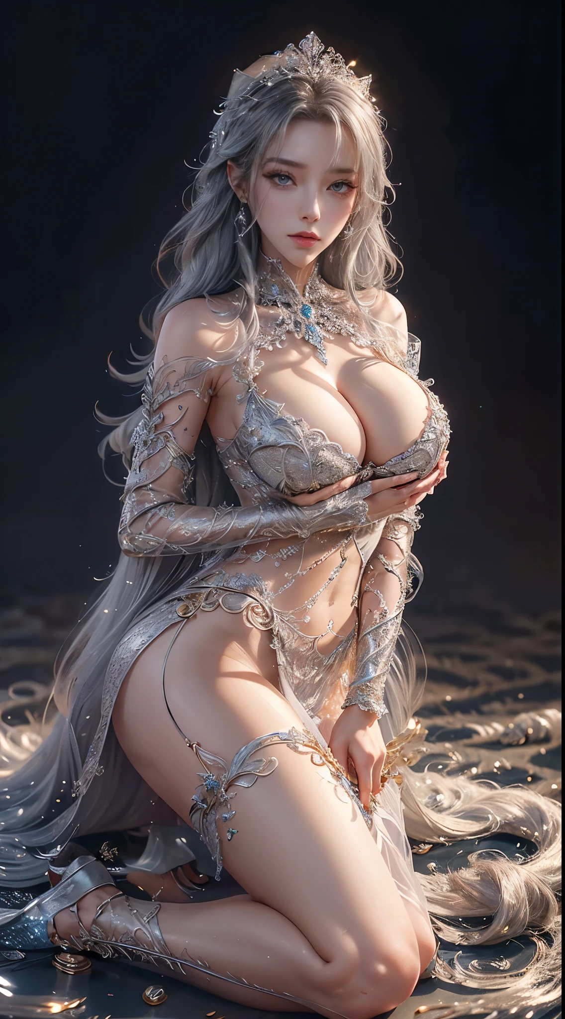 woman in a silver transparent dress,Beautiful eyes,high-heels, (((humongous large breast, The cleavage is larger))),Slim waist,(Bare waist), Long gray hair, micro-curly hair, Ultra-detailed details,High-end art station, Rainstorm site, detailed fantasy art, Stunning character art, Beautiful and beautiful character art, Beautiful gold and silver armor, The content is very detailed, Girl in shiny armor, Exquisite headwear and jewelry,crystal jewelry filigree, Full body capture, milky ways, stunning visuals, (dynamic streaks, Light track:1.2), vibrant with colors,8k,Quality,