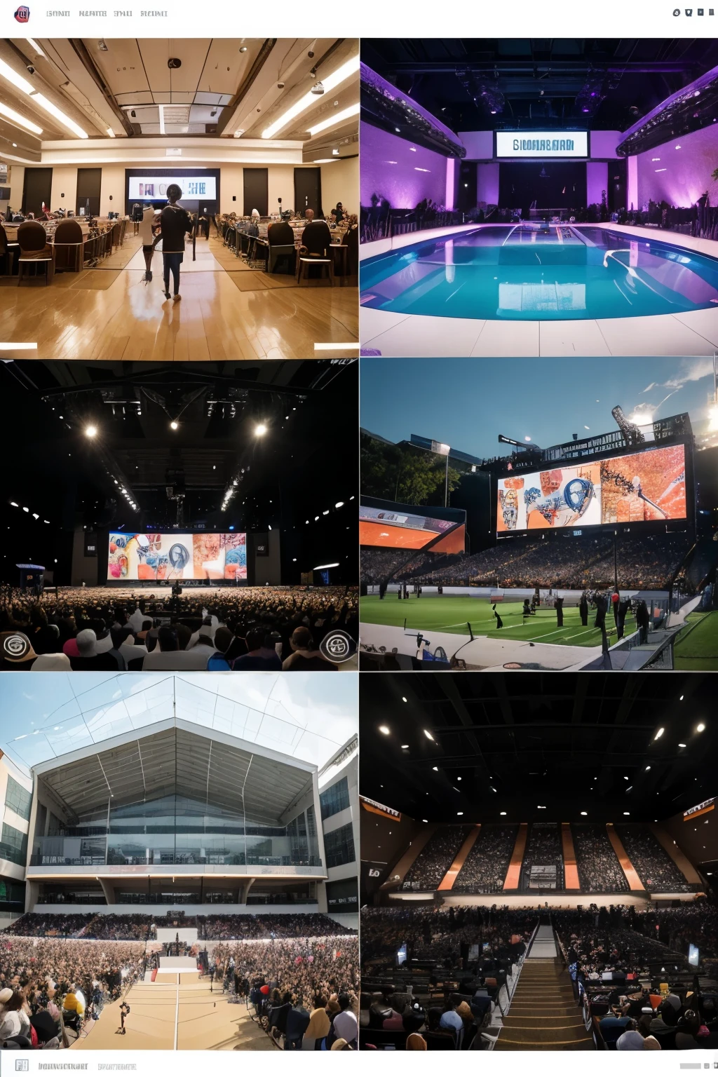 "Create a vibrant and dynamic collage of images representing various aspects of event management. Include elements such as diverse event venues, lively crowds, engaging speakers, stylish event decor, and moments of celebration. Ensure a good balance of colors, and convey a sense of excitement and professionalism suitable for a login and signup page of an event management platform. The collage should be visually appealing and inspire confidence in users about the platform's capability to host successful events. Feel free to use a mix of indoor and outdoor settings, and explore a modern and sleek design aesthetic."