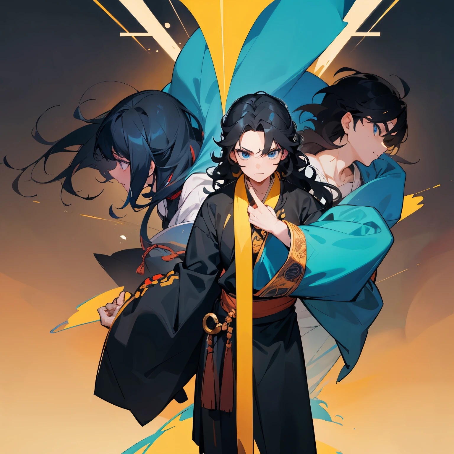 1male , Young Male , Black Longsleeve Shirt , Black Hair , Wavy Hair , Long Hair , Bright Blue Eyes , Ninja Clothing , Intricate Detail , Perfect Generation , Standing on path , Temple background , Spiky Bangs