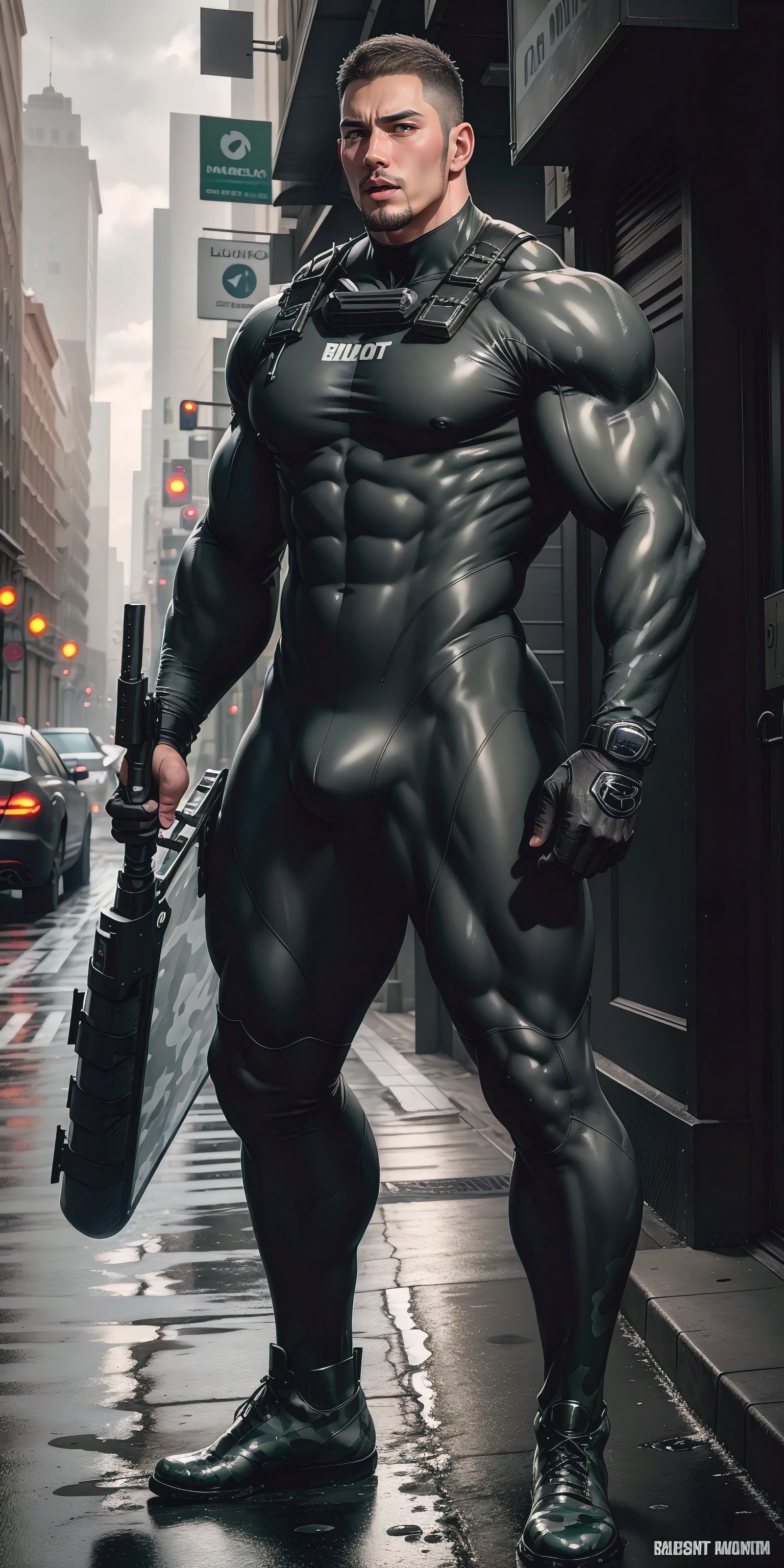 A tall, humongous large breast, Muscular man screaming with his mouth open.，Light gray camouflage uniform，character  design（Resident Evil - Chris Redfield，Chris Redfield）Wearing a light gray camouflage wetsuit，Matte texture，Regular symmetrical texture pattern，Standing on the street with octopus tentacles, Lots of slime octopus and sludge，expression sad，Deep and charming eyes，The hero with emerald pupils，heroic masculine pose，Tall and burly，musculous！Charming leg muscles，tall, Burly, and strong， Wearing a light gray camouflage wetsuit， Super gain and cool， commission for high resolution， Big feet in black boots，Charming strong man，Bright sunlight shines on the body，Matte particles with shiny texture