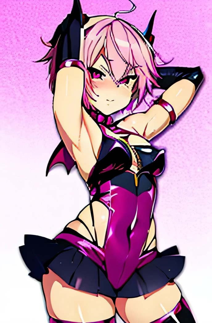 there is a cartoon picture of feminine boy with short pink hair, anime moe artstyle, 1 7 - year - old anime, in an anime style, demon femboy, flat anime style, cute, crossdresser, femboy body, curvy, hooker outfit, doing a sexy pose, horny expression, horny pose