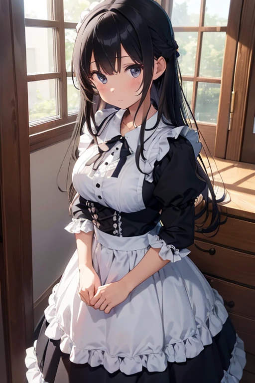 frilly dress,maid clothes,maid apronl,long skirt,black and long hair,たくさんのフリルのmaid clothes,frontage,Sailor collar,No exposure,Ruffled Maid Dresses,wide sleeves