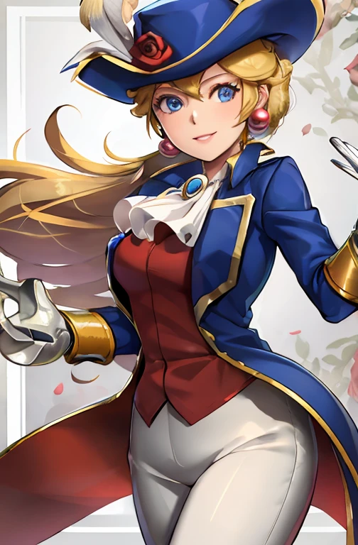 ((masterpiece,best quality)), absurdres, Swordfighter_Peach, solo, 1girl, hat, blonde hair, blue eyes, jewelry, earrings, long hair, rapier, hat feather, pants, ascot, red rose, hat flower, ponytail, white pants, white gloves, boots, blue jacket, long sleeves, smiling, looking at viewer, cowboy shot,  cinematic composition,