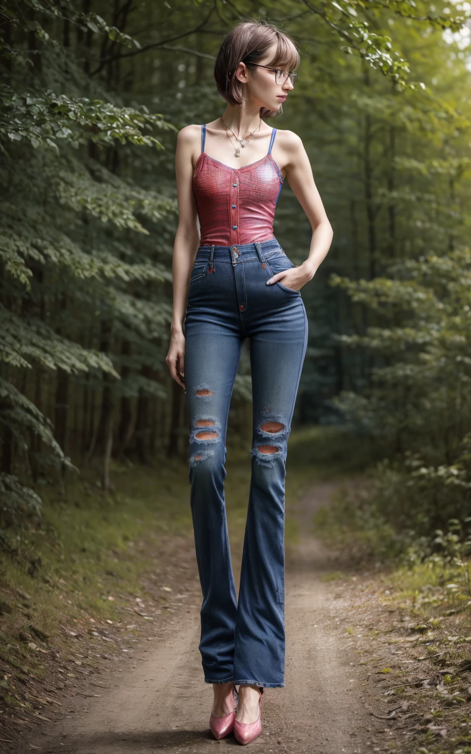(8K, Masterpiece, RAW photo, Best quality, detail:1.3), (ultra realistic Natural background, scenary:1.5), Depth of field, Cinematic light, (ultra realistic face), (1 picture of 1 solo girl Airim Jones:1.6), 1girl, (Beautiful and elegant Russian girl), (skinny girl with glasses), (European face:1.3), (perfect complete full body:1.6), (full body shot including shoes:1.6), (perfect [frontal view|side profile|back profile]:1.5), (small necklace, collarbone:1.1), ( [bangs|pigtails|bob|pixie] hair:1.5), (ultra detailed skin:1.4), (sexy [red|pink] minitop:1.4), (Distressed Blue Jeans:1.6), (perfect standing pose:1.5), (perfect long legs:1.4)
