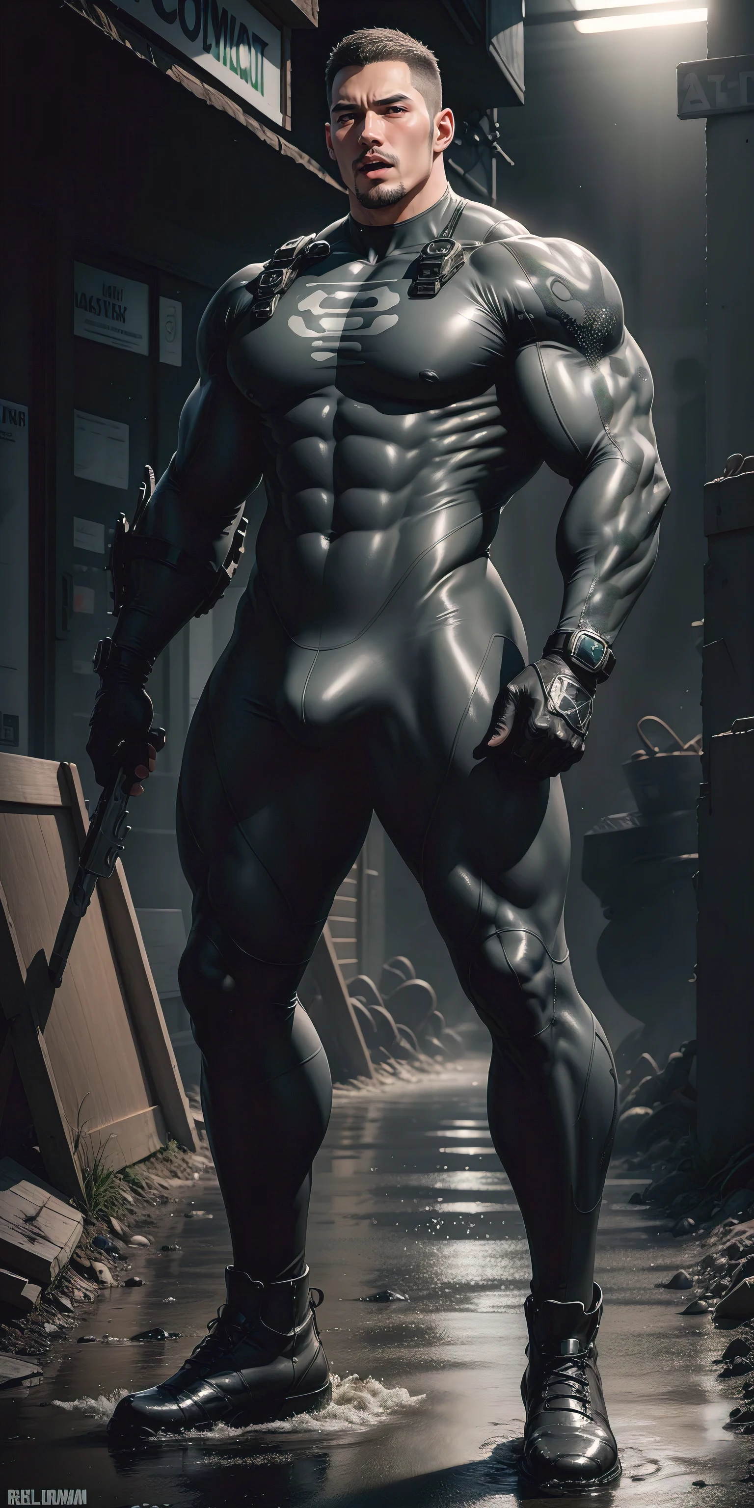 A tall, humongous large breast, Muscular man screaming with his mouth open.，Light gray camouflage uniform，character  design（Resident Evil - Chris Redfield，Chris Redfield）Wearing a light gray camouflage wetsuit，Tangled tightly by thick octopus tentacles，Regular symmetrical texture pattern，Standing on the street with octopus tentacles, Lots of slime octopus and sludge，expression sad，Deep and charming eyes，The hero with emerald pupils，heroic masculine pose，Tall and burly，musculous！Charming leg muscles，tall, Burly, and strong， Wearing a light gray camouflage wetsuit， Super gain and cool， commission for high resolution， Big feet in black boots，Charming strong man，Bright sunlight shines on the body，Matte particles with shiny texture