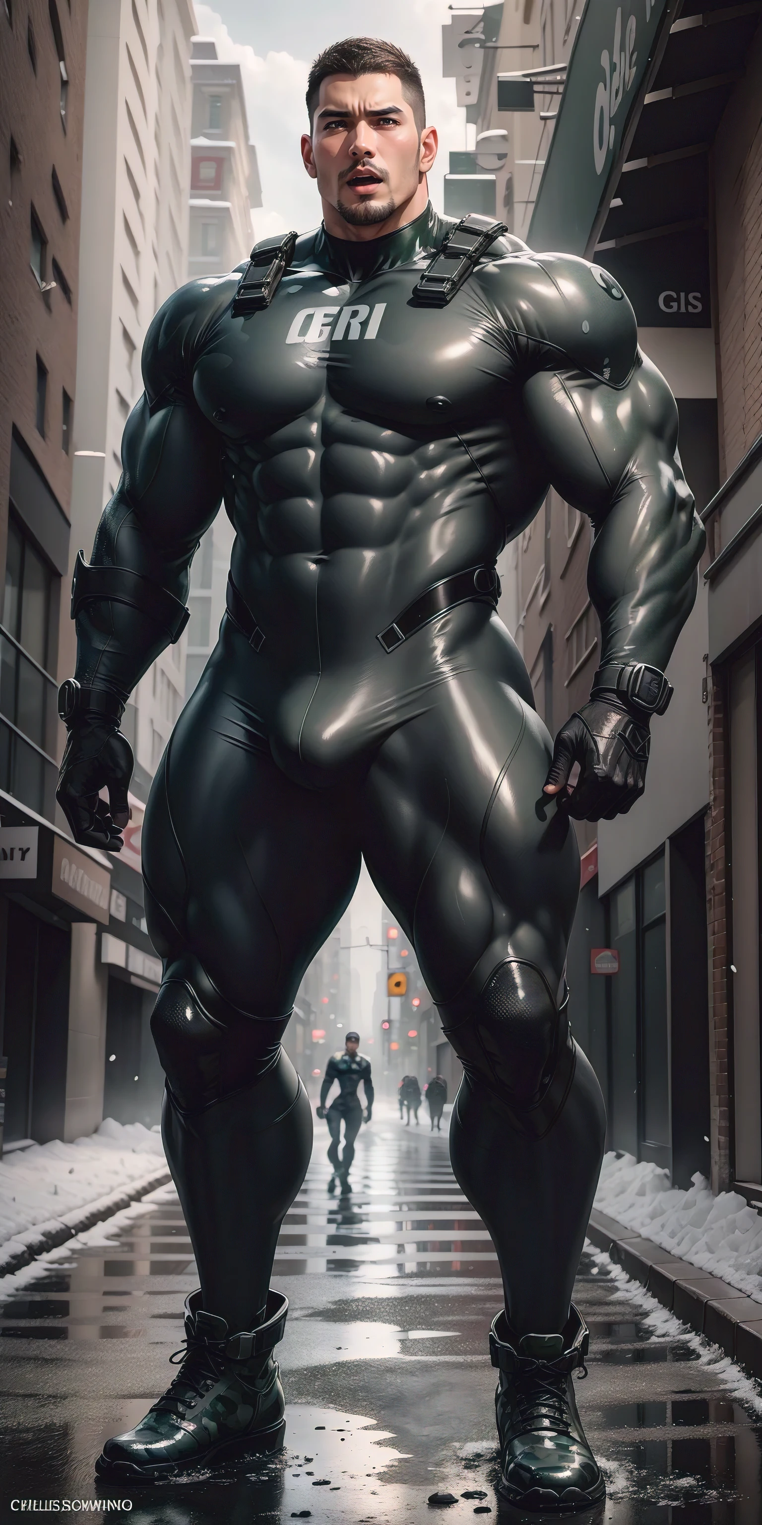 A tall, humongous large breast, Muscular man screaming with his mouth open.,Light gray camouflage uniform,character design(Resident Evil - Chris Redfield,Chris Redfield)Wearing a light gray camouflage wetsuit,Tangled tightly by thick octopus tentacles,Regular symmetrical texture pattern,Standing on the street with octopus tentacles, Lots of slime octopus and sludge,expression sad,Deep and charming eyes,The hero with emerald pupils,heroic masculine pose,Tall and burly,musculous!Charming leg muscles,tall, Burly, and strong, Wearing a light gray camouflage wetsuit, Super gain and cool, commission for high resolution, Big feet in black boots,Charming strong man,Bright sunlight shines on the body,Matte particles with shiny texture
