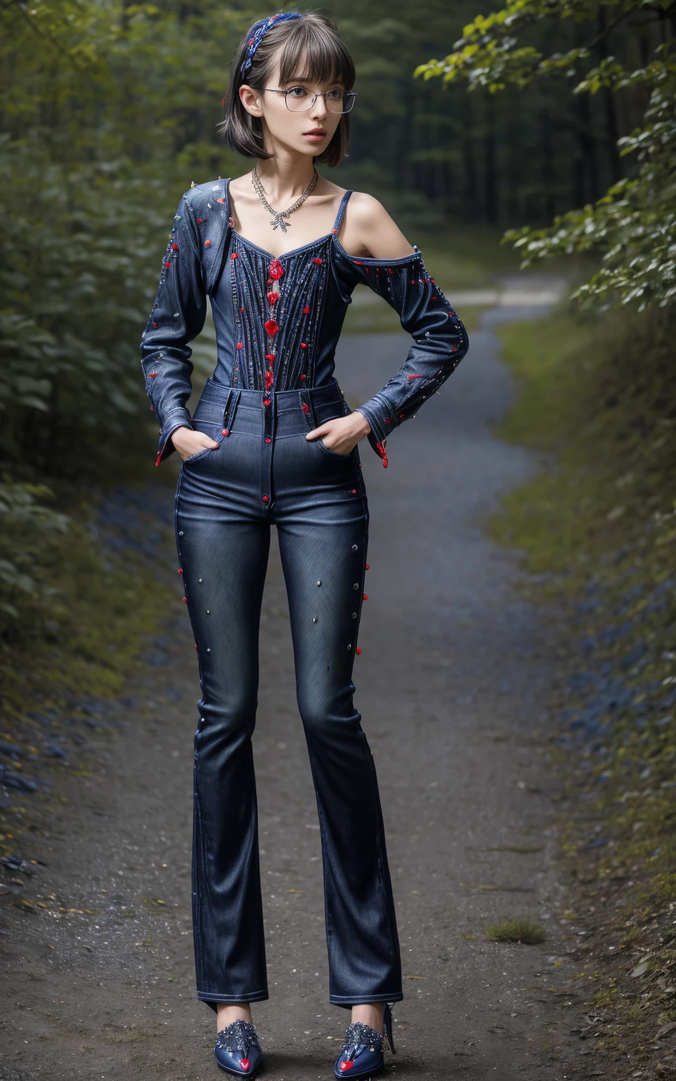 (8K, Masterpiece, RAW photo, Best quality, detail:1.3), (ultra realistic Natural background, scenary:1.5), Depth of field, Cinematic light, (ultra realistic face), (1 picture of 1 solo girl Airim Jones:1.6), 1girl, (Beautiful and elegant Russian girl), (skinny girl with glasses), (European face:1.3), (perfect complete full body:1.6), (full body shot including shoes:1.6), (perfect [frontal view|side profile|back profile]:1.5), (small necklace, collarbone:1.1), ( [bangs|pigtails|bob|pixie] hair:1.5), (ultra detailed skin:1.4), (sexy red minitop:1.5), (Embellished Blue Jeans:1.6), (perfect standing pose:1.5), (perfect long legs:1.4)
